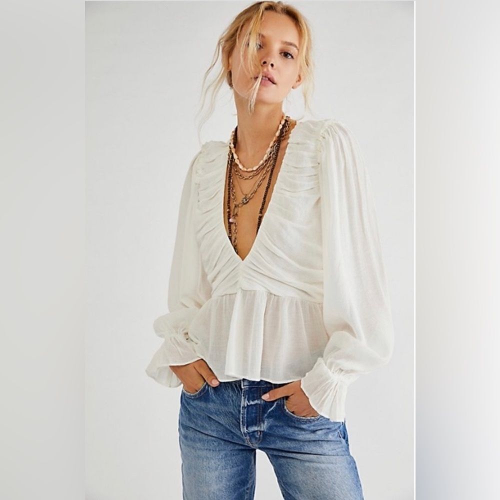 NWT Free People Daia Long Sleeve Vneck Peplum Waist Open x back-Size small